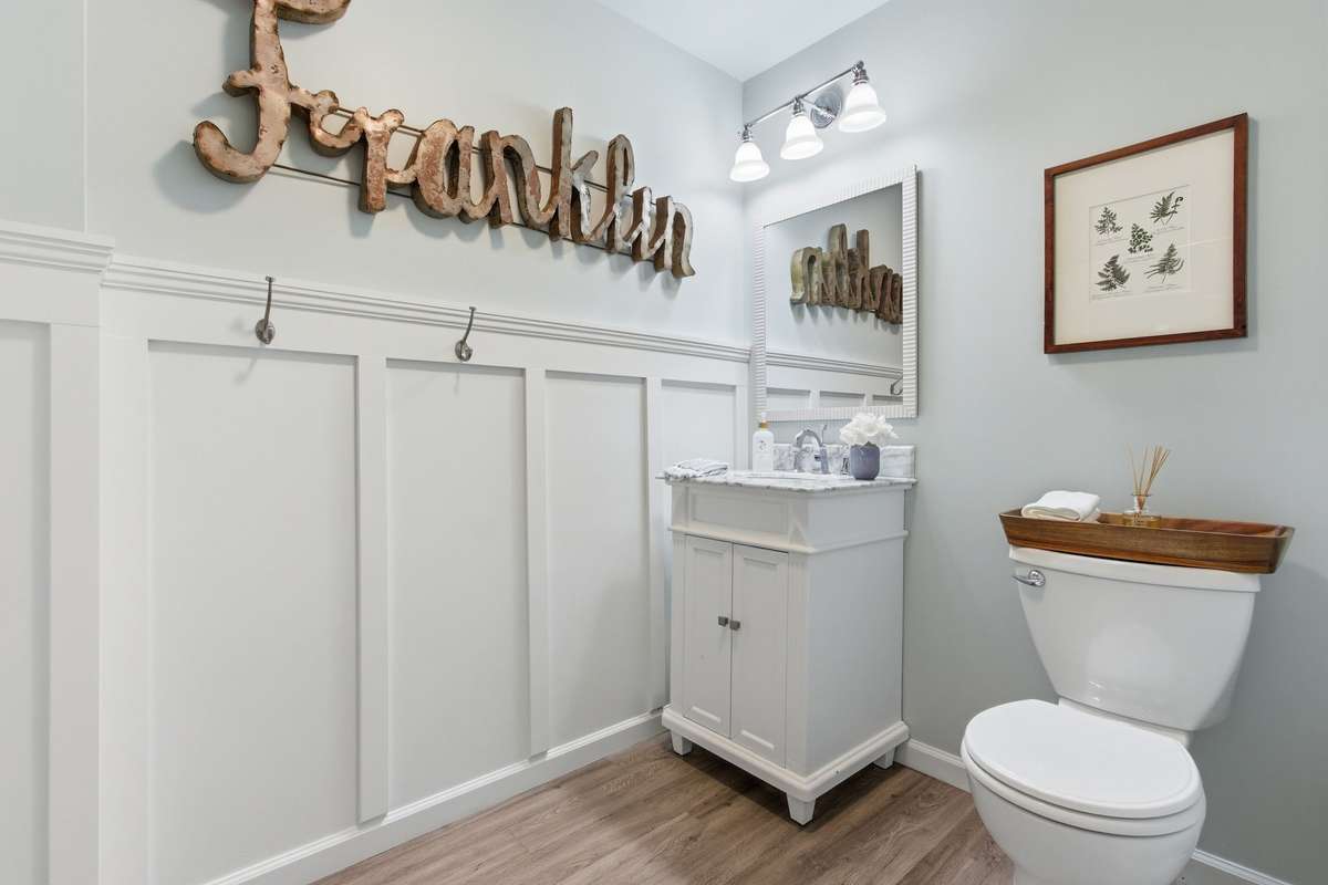Spa-like bathroom offers board and batten wall