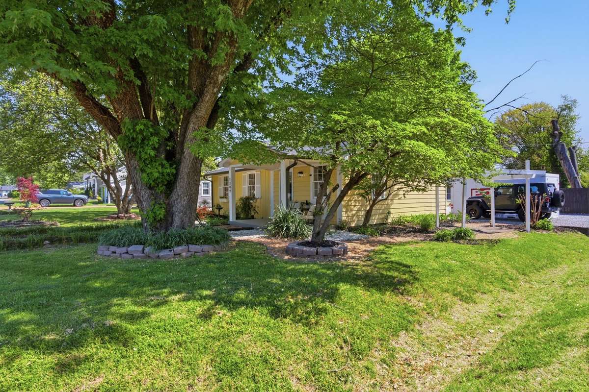 Yard with mature trees and cute walkways