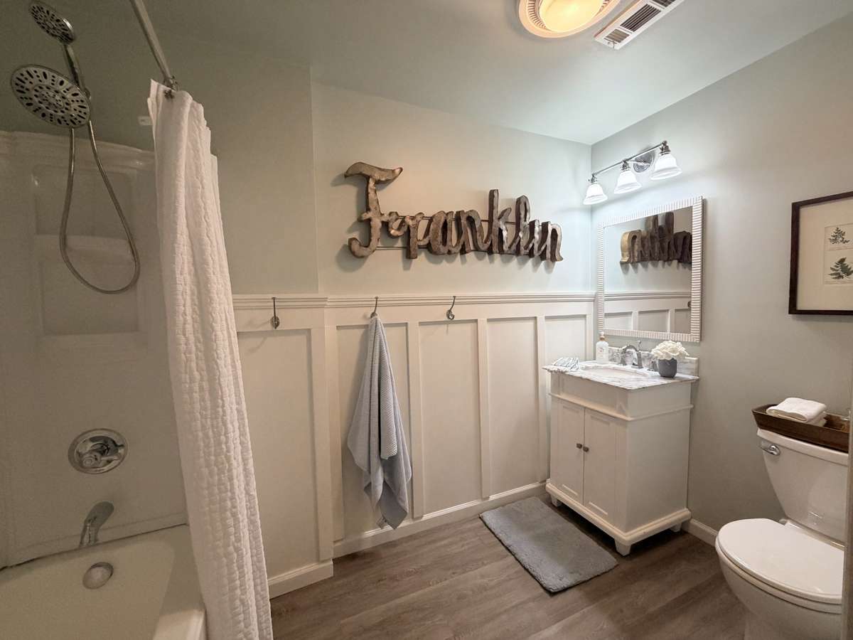 Large hall bathroom has bathtub/shower combo and LVP flooring