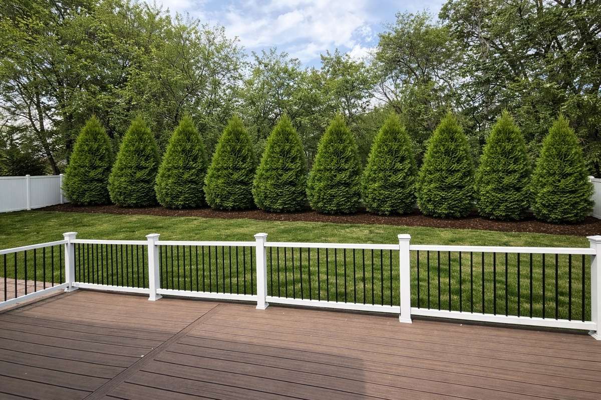 Digitally enhanced with Green Giant Trees. Typically grow 2/3ft per year. Can purchase & install at approx. 8-9ft tall.