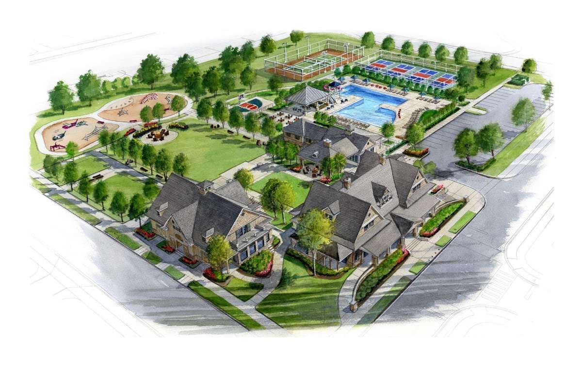 Artist rendering of planned amenity center, featuring Residents' Club, fitness center, beach entrance pool with slide, playgrounds, event lawn, bar/grill, pickleball & tennis court, and more!  Completion est Summer 2027. Rendering subject to change.