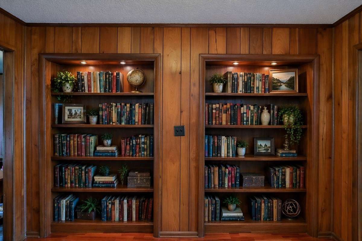 Virtually staged built in book shelves by main foyer.
