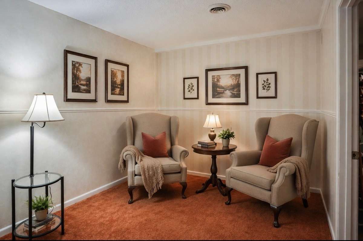 Virtually staged Basement bedroom as a reading room.