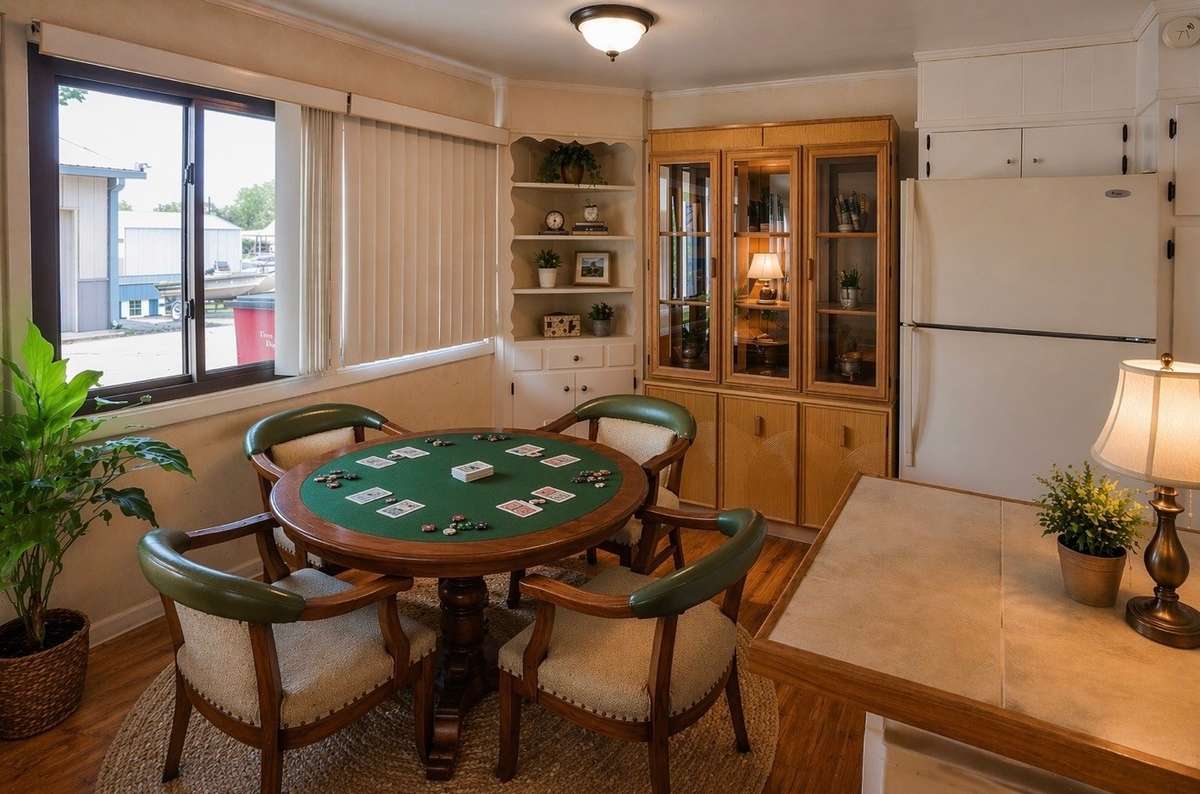 Virtually staged dining area in the basement used as a rec room.