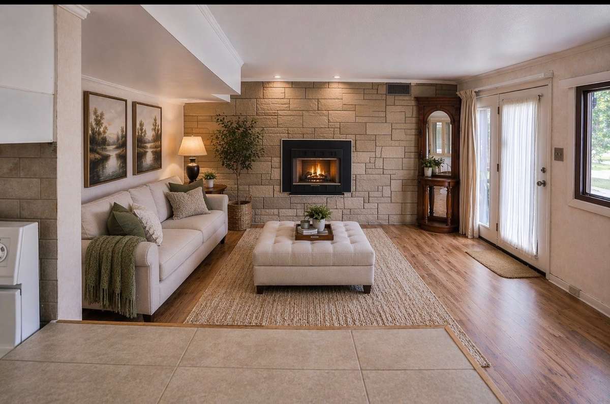 Virtually staged basement level Den with fireplace.