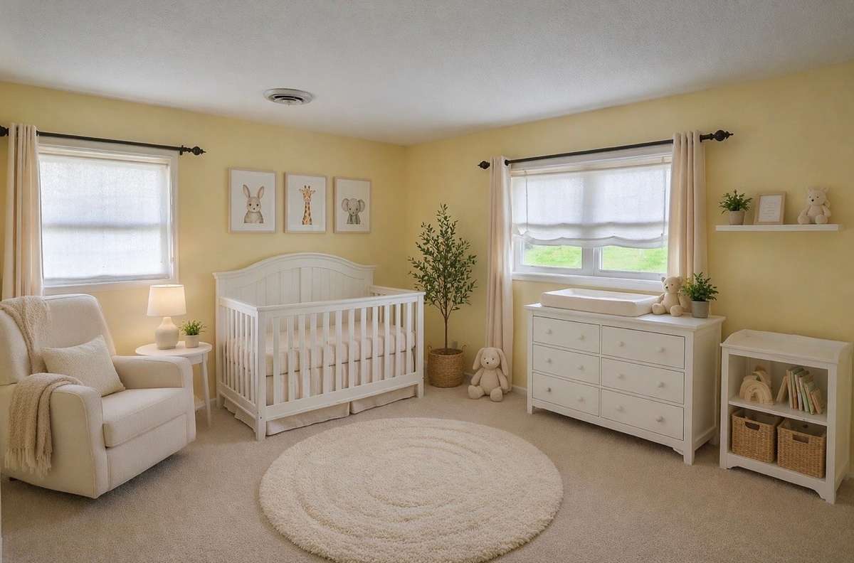 Upstairs bedroom. Virtually staged.
