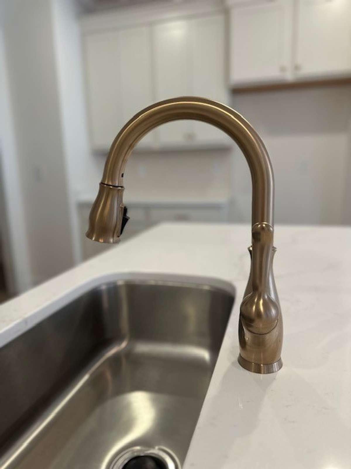 Stunning Kitchen faucet with a single bowl undermount sink really set off the pristine quartz countertops!