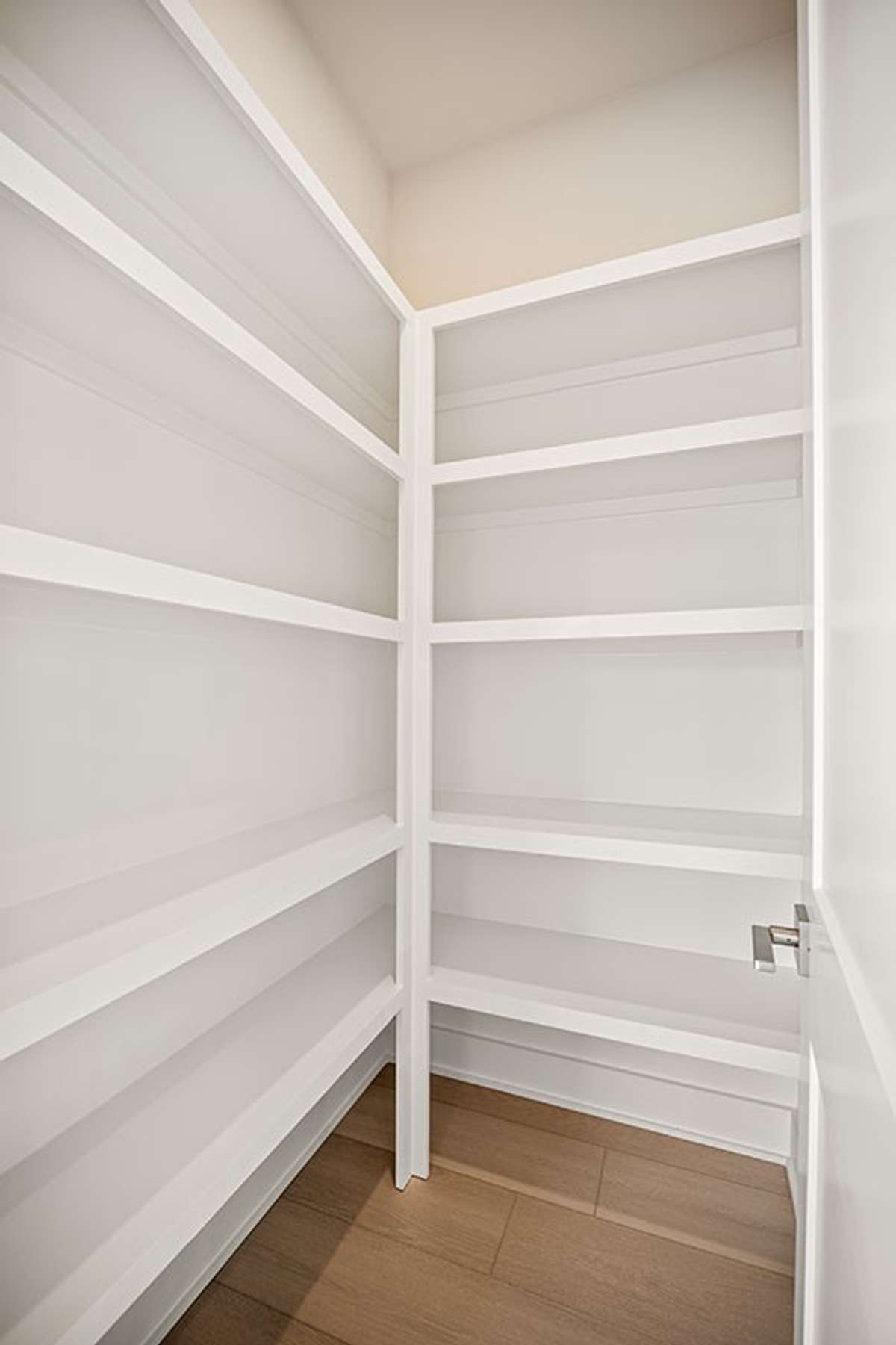 The pantry is equipped with custom shelving.