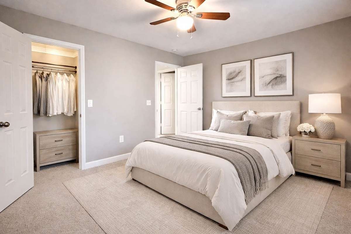Cozy secondary 12x10 bedroom with ceiling fan and walk-in closet, complemented by an illustrated visual use of the space.