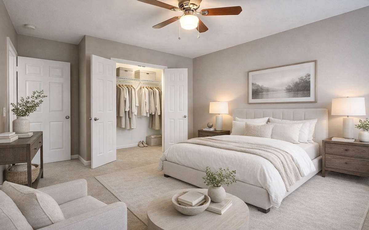 Cozy 12 x 10 third bedroom with ceiling fan, complemented by an illustrated visual use of the space.