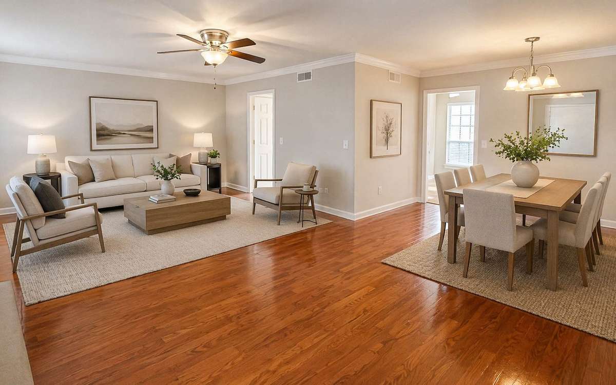 Spacious open great room 23x13 with new lighting, convenient dining area, complemented by an illustrated visual use of the space.