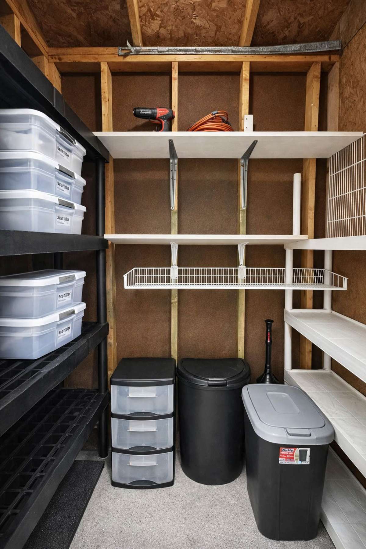 Right off the courtyard is an additional storage area with added shelving.
