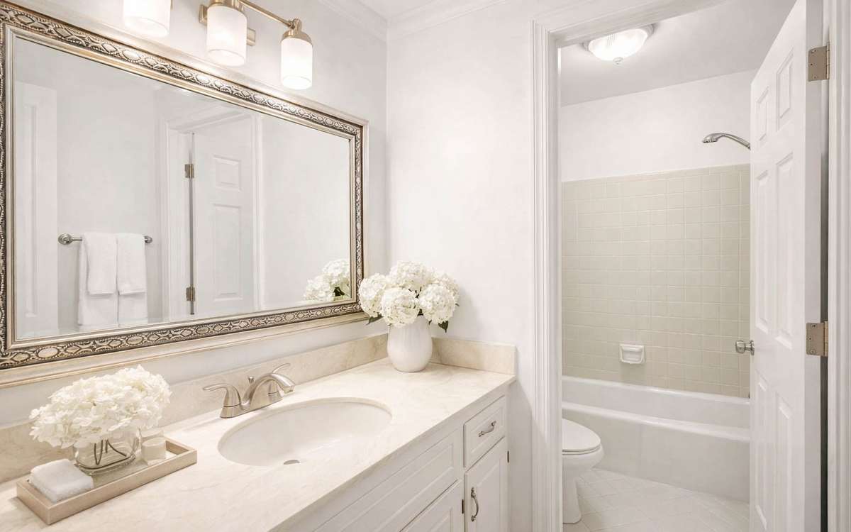 Secondary full bath with a separate shower area conveniently located to both secondary bedrooms.