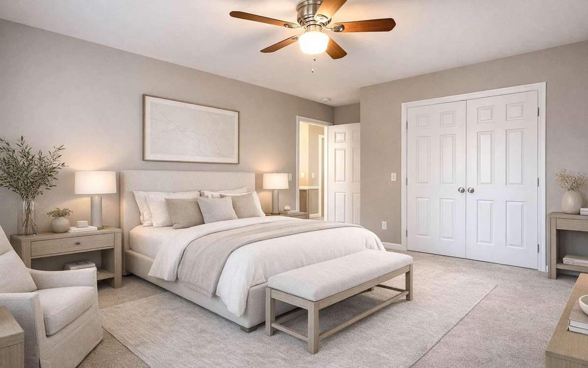 Cozy 12 x 10 third bedroom with ceiling fan, complemented by an illustrated visual use of the space.