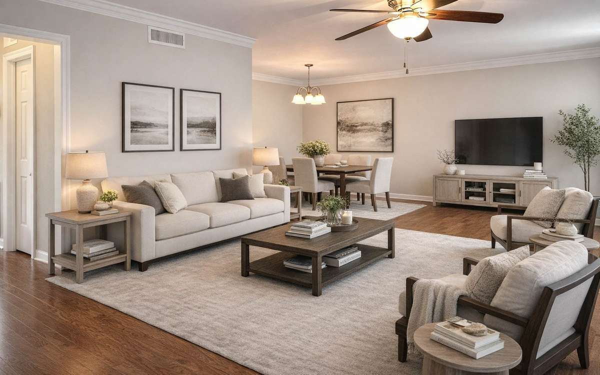 Spacious open great room 23x13 with ceiling fan, dining area, and cozy fireplace, complemented by an illustrated visual use of the space.