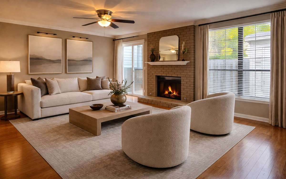 Spacious open great room 23x13 with ceiling fan and cozy fireplace, overlooking the private courtyard, complemented by an illustrated visual use of the space.
