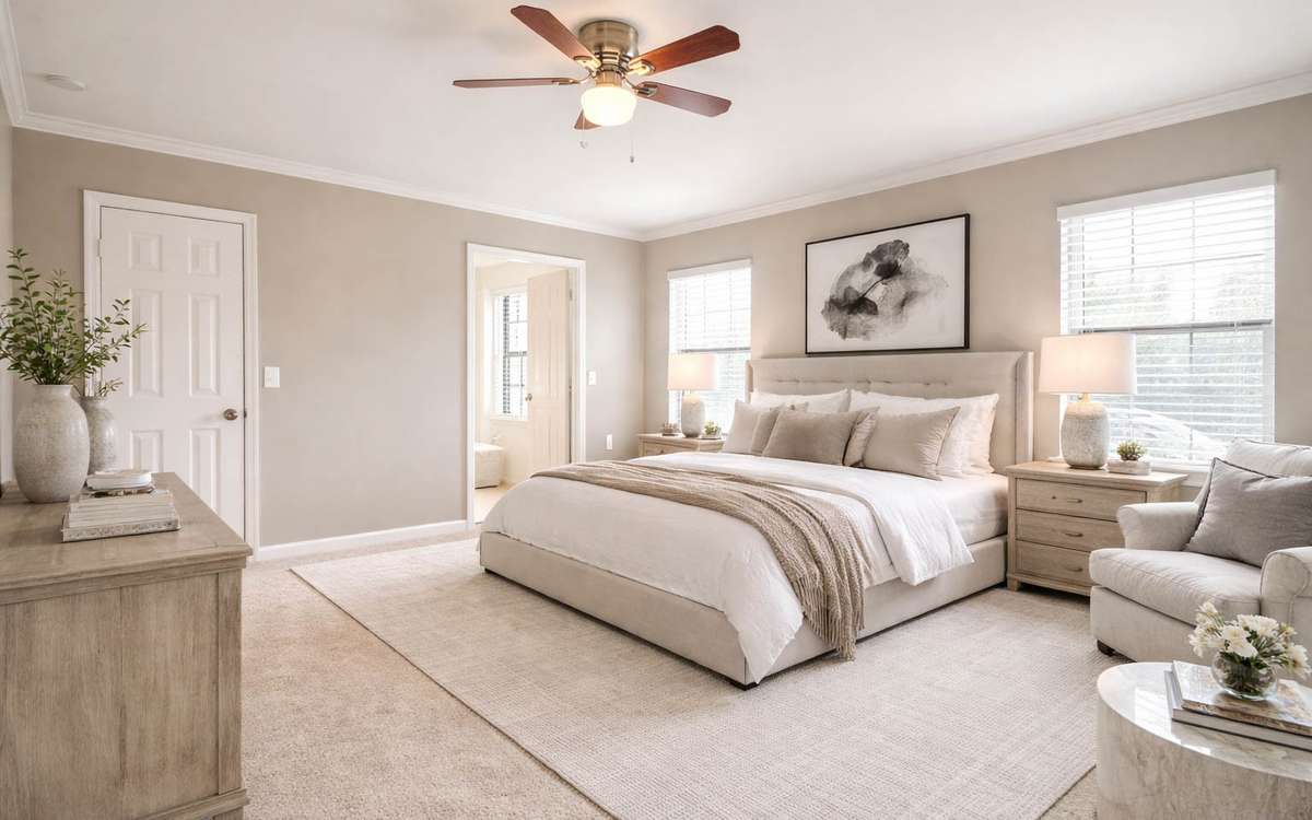 Sun-filled primary 14x11 bedroom with full bath, fresh paint, new carpet, ceiling fan, crown molding, and walk-in closet complemented by an illustrated visual use of the space. A perfect way to start and end each day!