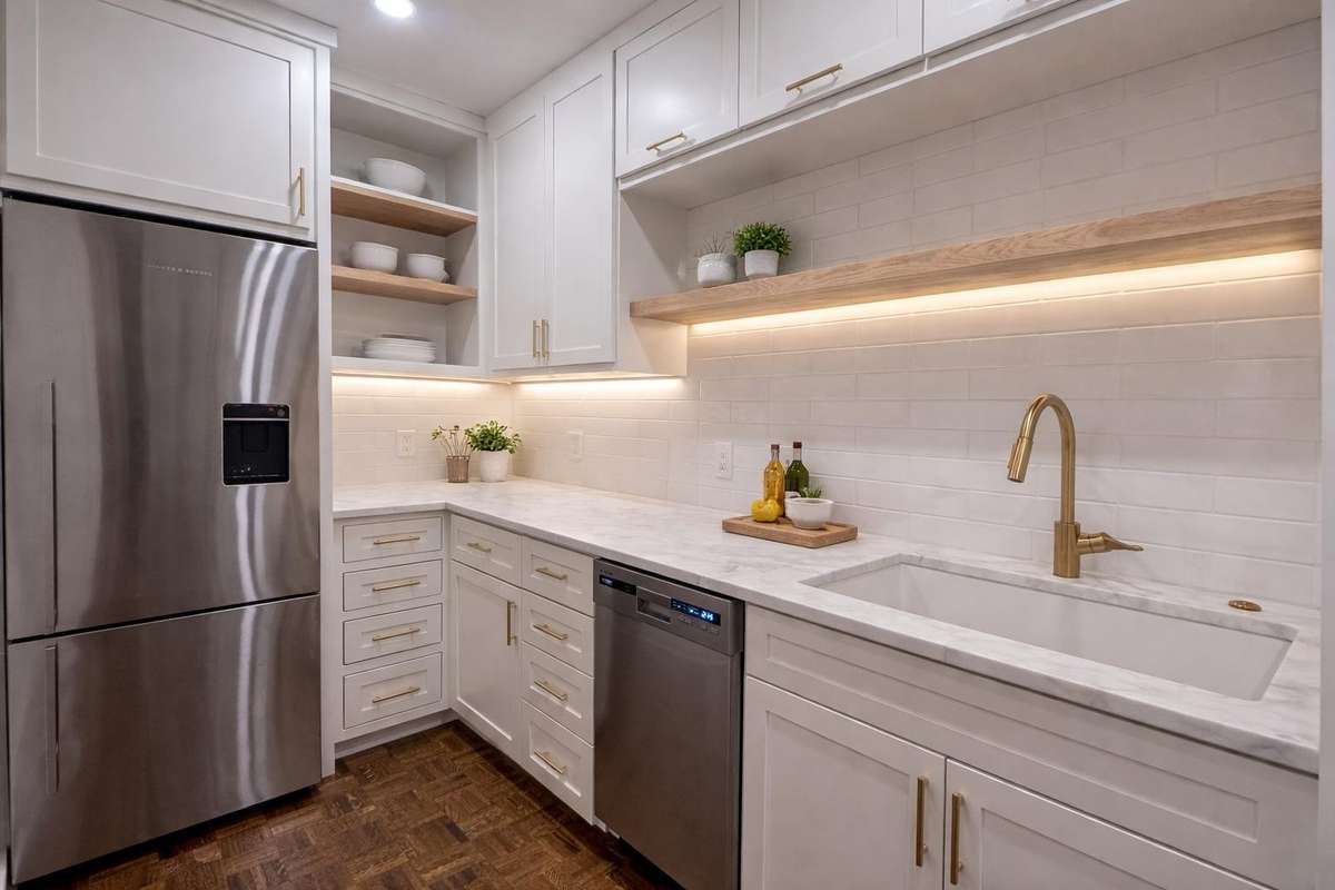 Renovated to the studs, this thoughtfully design kitchen features marble countertops, tile backsplash, custom cabinetry with gold hardware.  Virtually staged.  The lighting under the middle floating shelf is virtually staged.