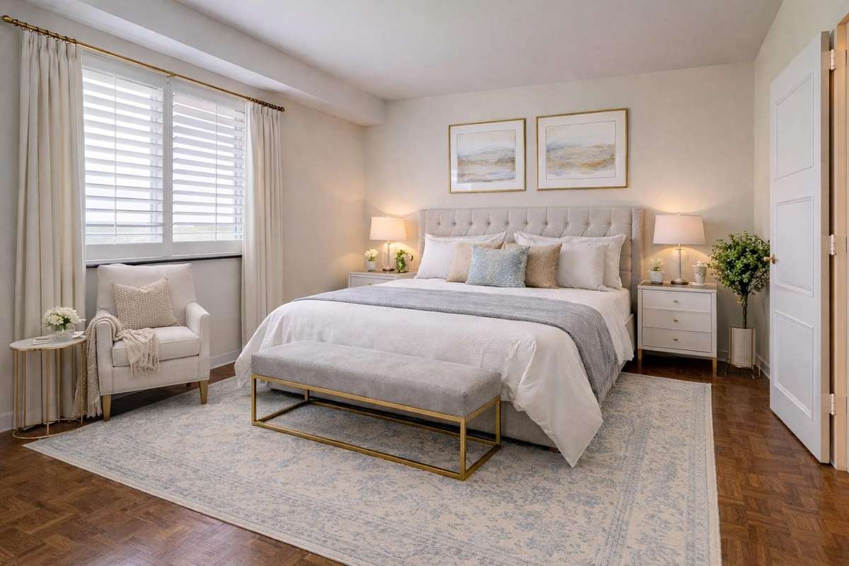 Plantation shutters, fresh paint, and beautifully refreshed hardwood floors elevate this spacious bedroom. Virtually staged.