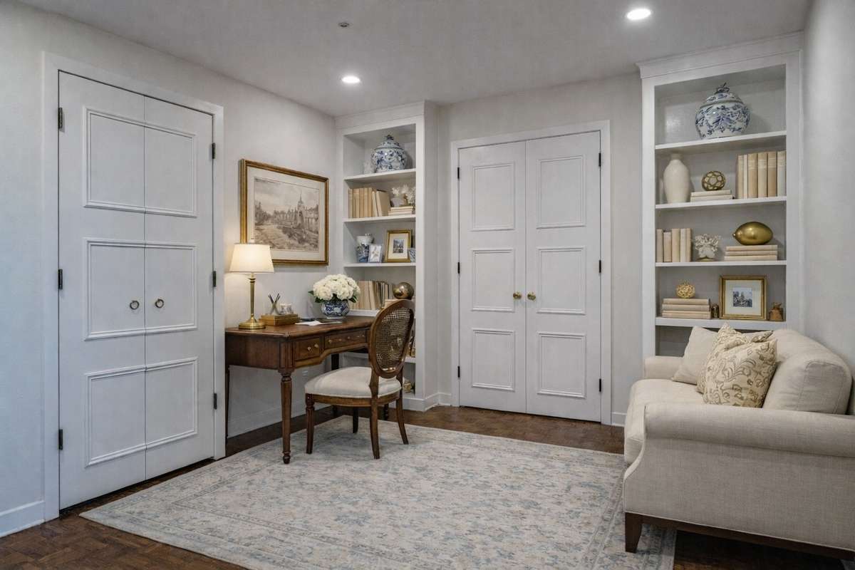 Perfect for a study, sitting room, guest bedroom, or music room, this inviting space features a newly added laundry closet, double built-in shelving, and custom matching doors accented with elegant gold hardware.Virtually Staged.