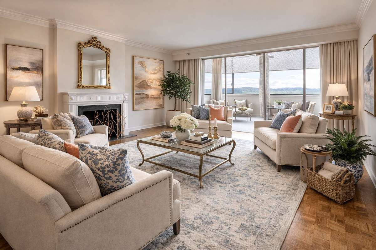 Elegant and spacious, the living room is ready for your touch with creamy soft paint and natural light from the sun porch.  Virtually staged.