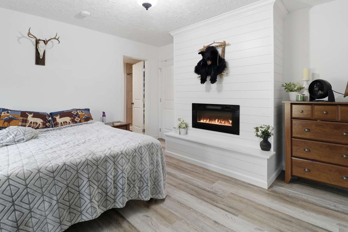 Master Bath with electric fireplace.