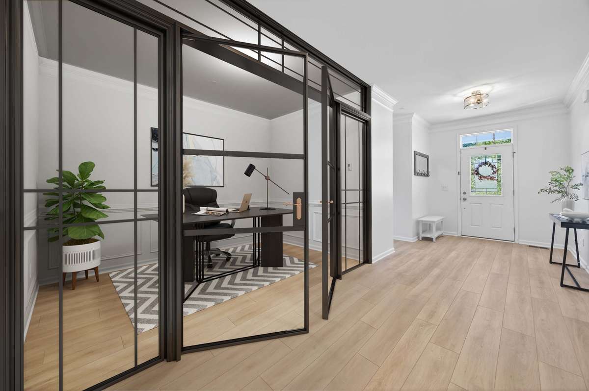 *VIRTUALLY STAGED IMAGE* Dreaming of a home office? Here’s a little inspiration for transforming this flex space into a stunning office and conversation piece.