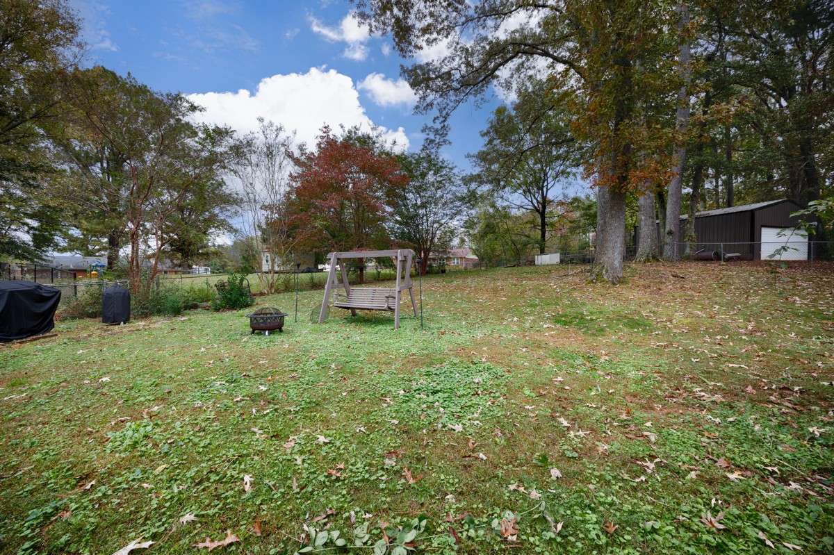Back yard- fenced, large yard with some shade
