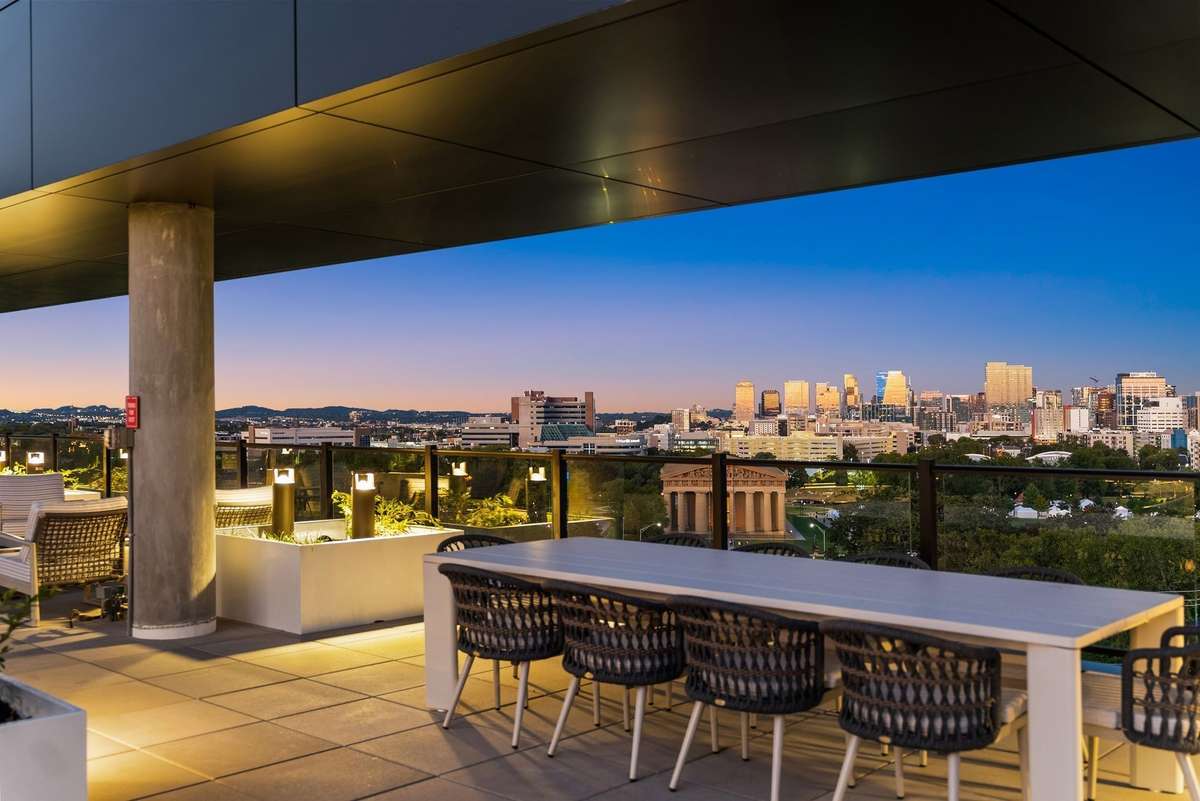 Expansive views overlooking Nashville's Centennial Park, including the iconic Parthenon, with stunning glimpses of the downtown skyline.