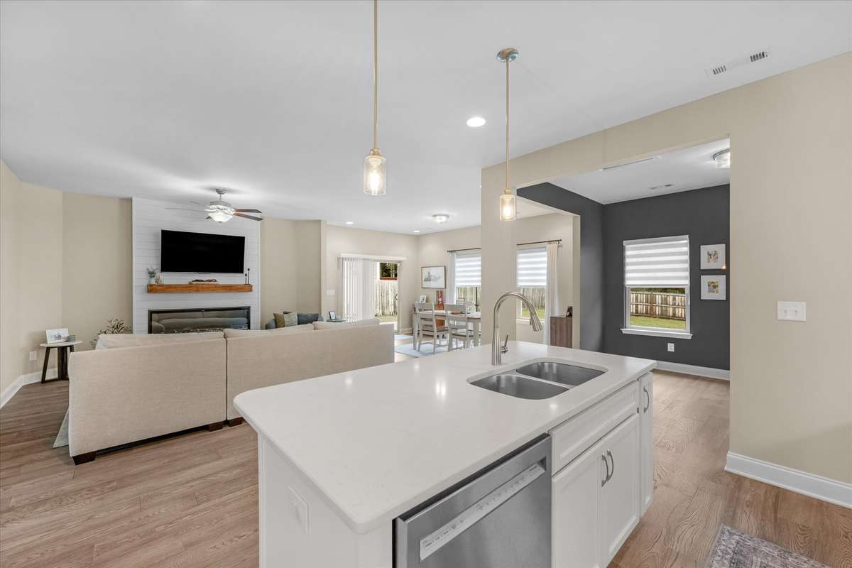 View of the family room from the kitchen.