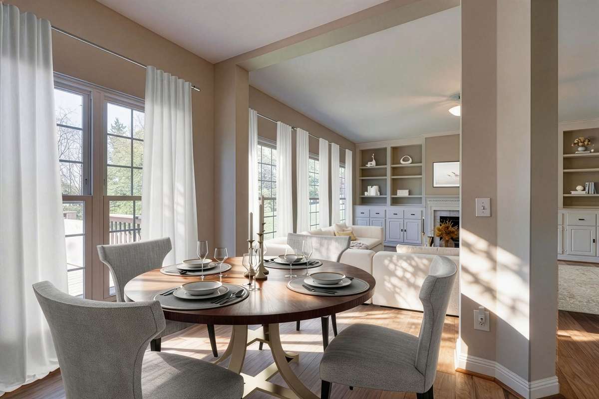 The inviting eat-in nook creates a natural transition between the kitchen and den