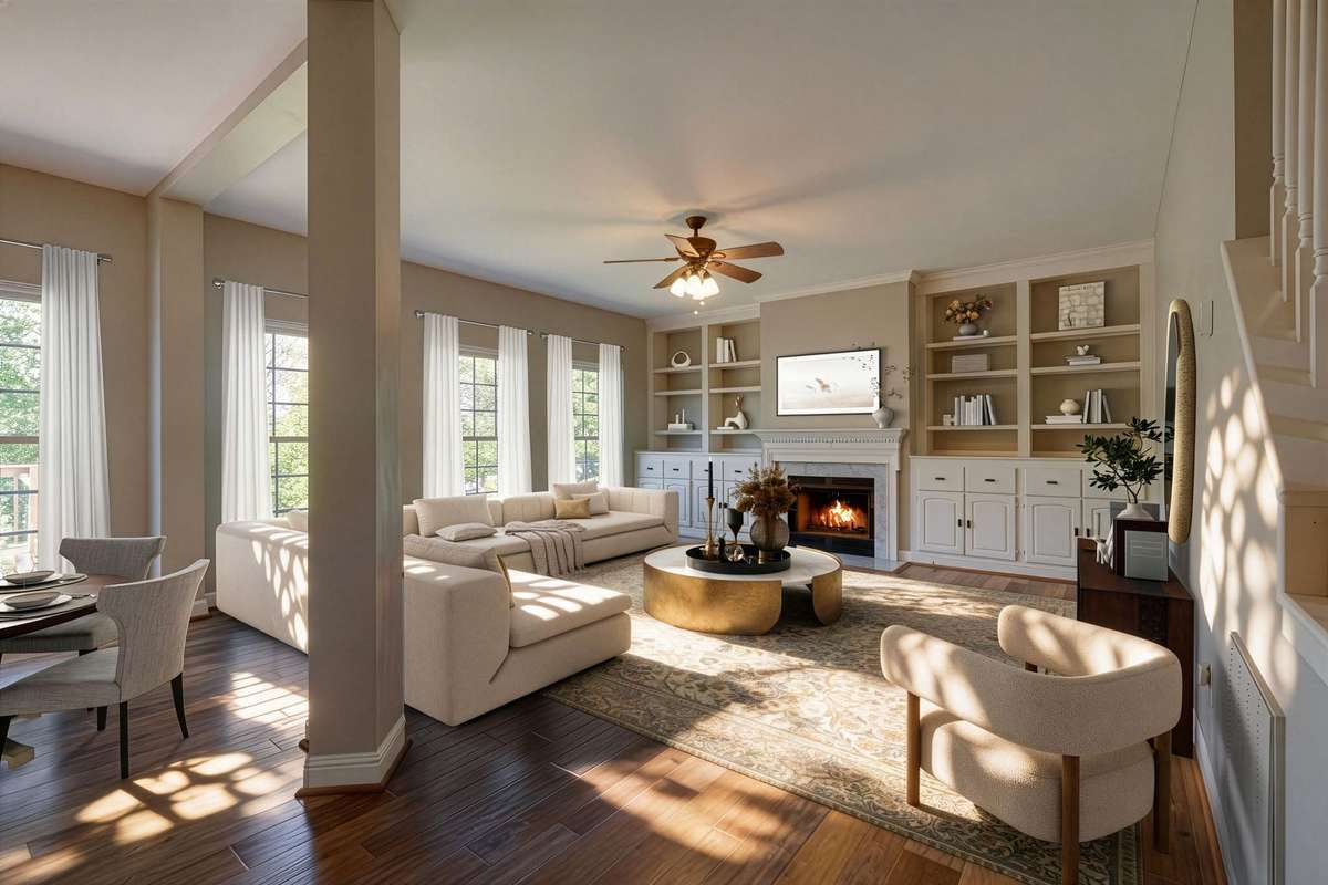 Den features custom built-ins & wood burning fireplace with gas assist.  Note the abundant natural light streaming through the new Pella windows with a lifetime structural window
178/250