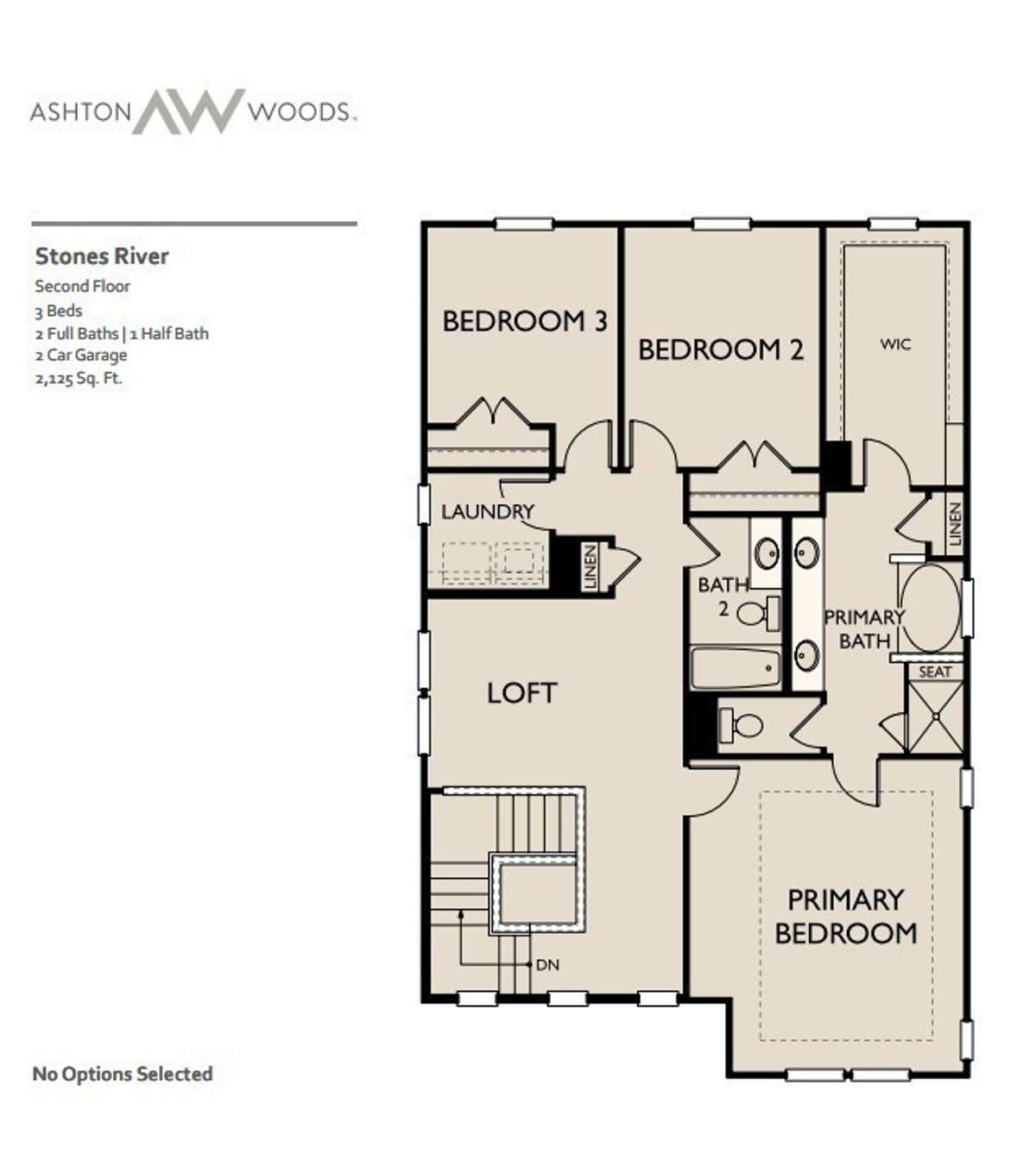 The second floor offers all three bedrooms and a loft with access to a covered balcony. The primary suite features a tray ceiling, spacious walk-in closet, and a spa-inspired bath with tiled shower, built-in bench, and garden tub.