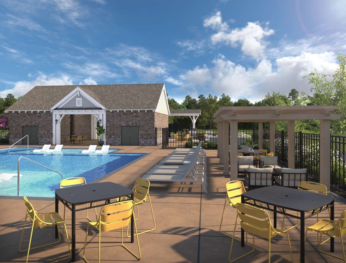 Thoughtful landscaping, shaded seating, and walkways add to the inviting atmosphere the pool will add to the community lifestyle once completed.