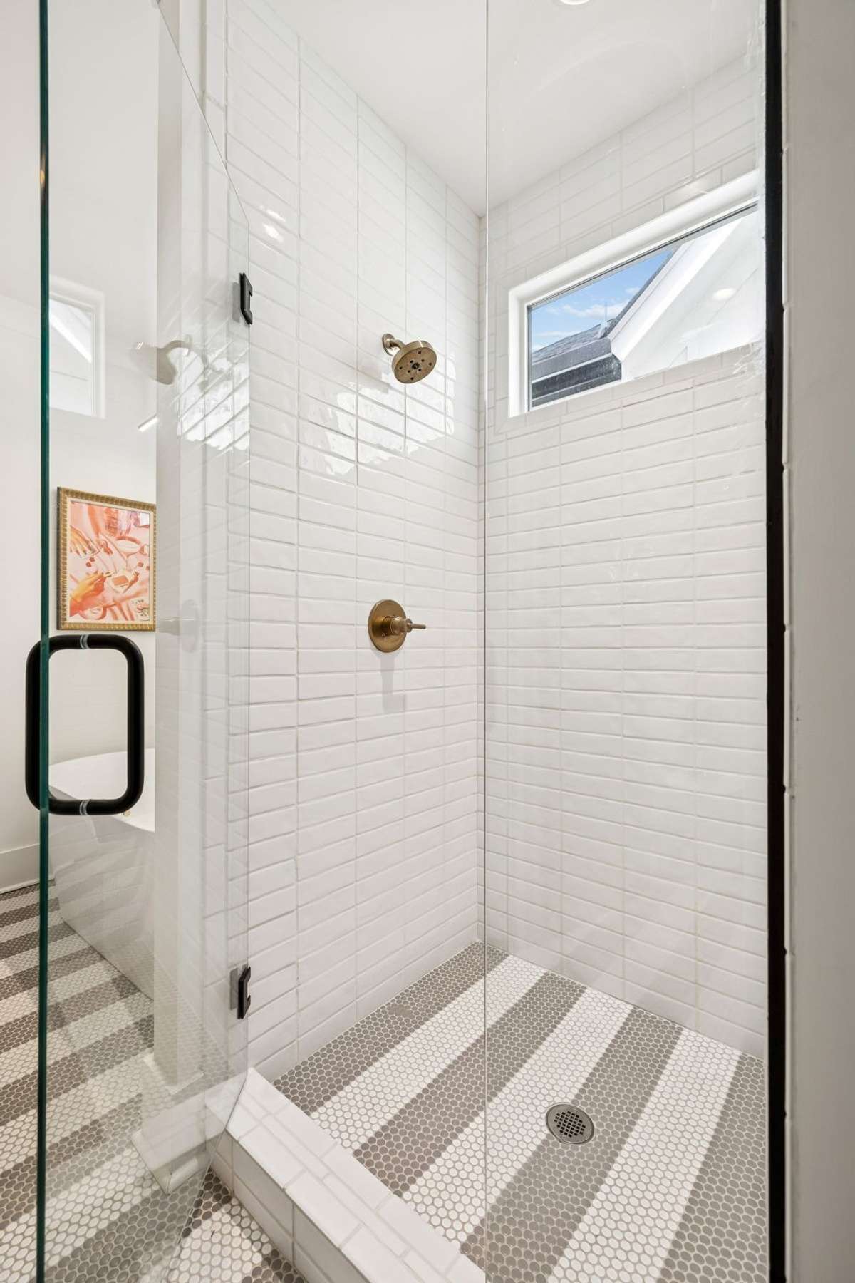 Tiled, glass walk-in shower