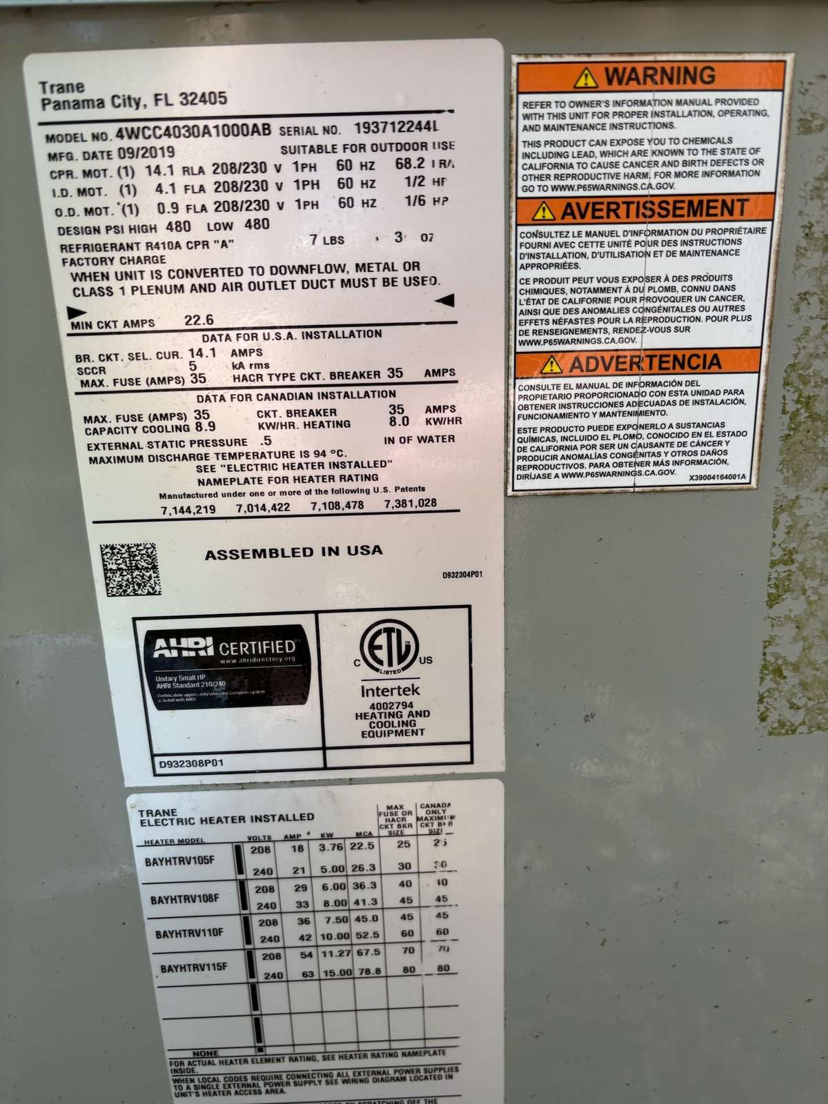 Trane HVAC manufacture date 09/2019.  "Nothing runs like a Trane."