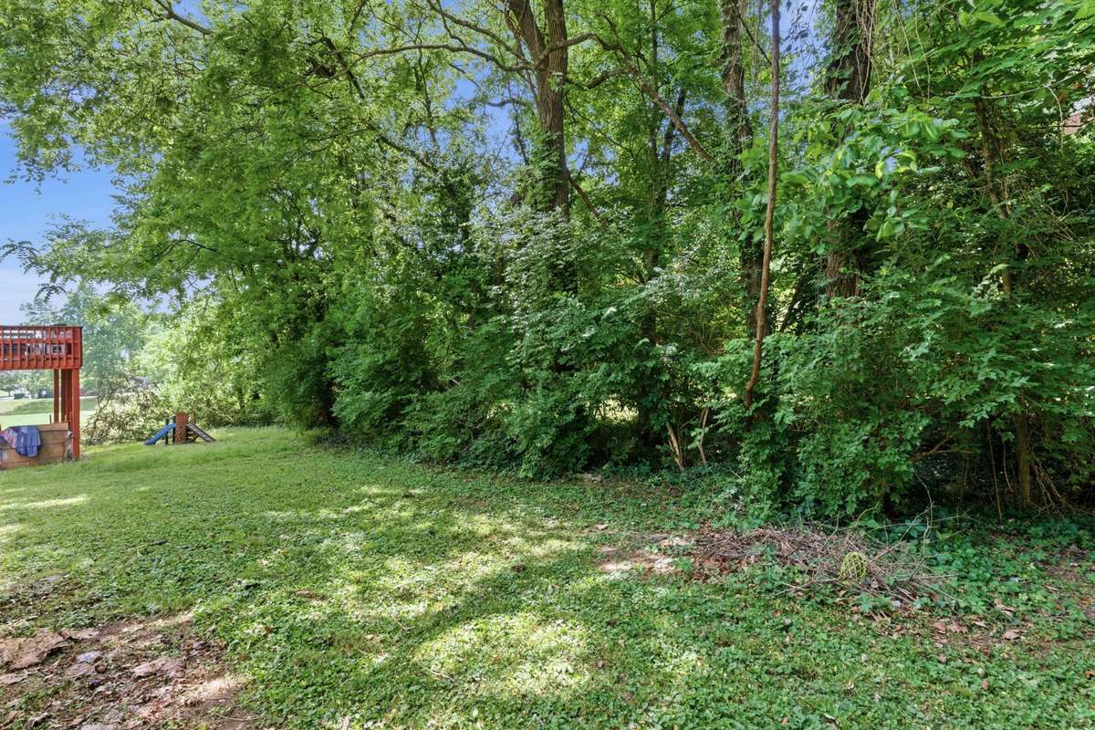 Private backyard with mature trees for shade and privacy