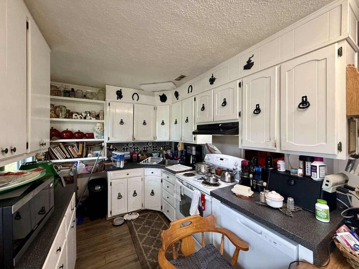 Bright kitchen with vinyl flooring and lots of storage!