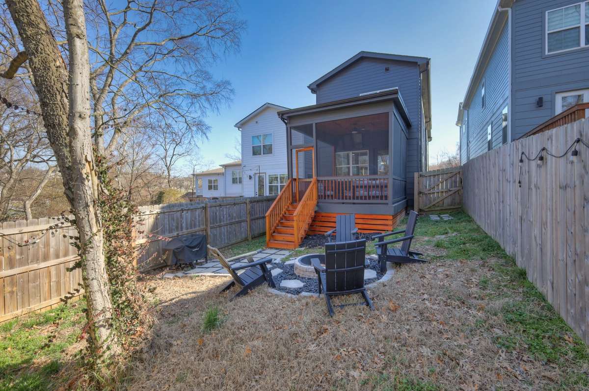 The back yard that features a fire pit and area for a grill. The back yard has a privacy fence. There is also a gate on the side of the house to access the back yard.