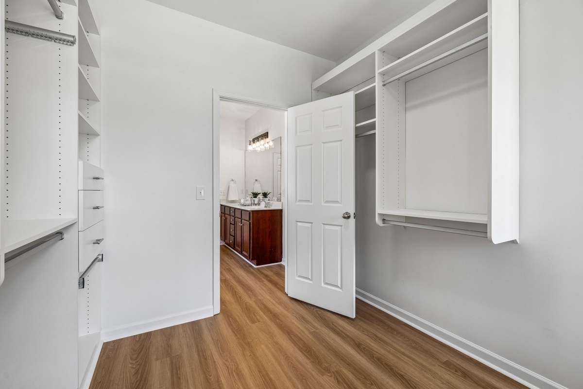 View from closet into primary bathroom