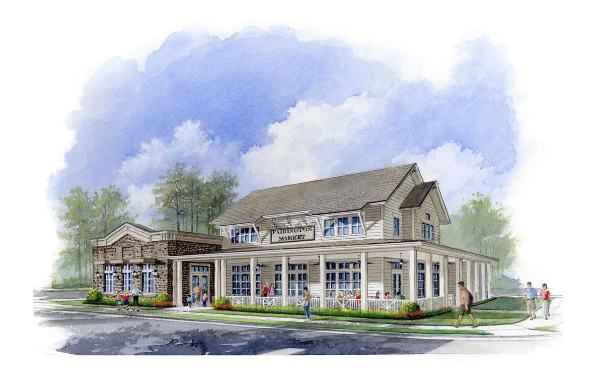 Fairington Market will be one of the commercial spaces, to be built across from our amenity center, will feature a full service restaurant as well as groceries, beer, wine, and other household items. Artist depiction/ rendering. Subject to change.