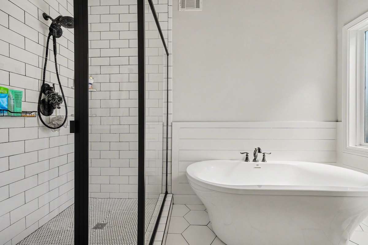 Large primary bath shower and free standing tub