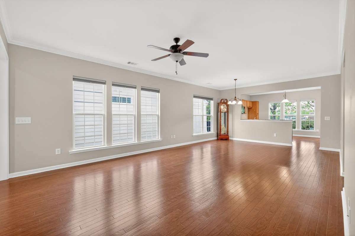 Great room with ceiling fan