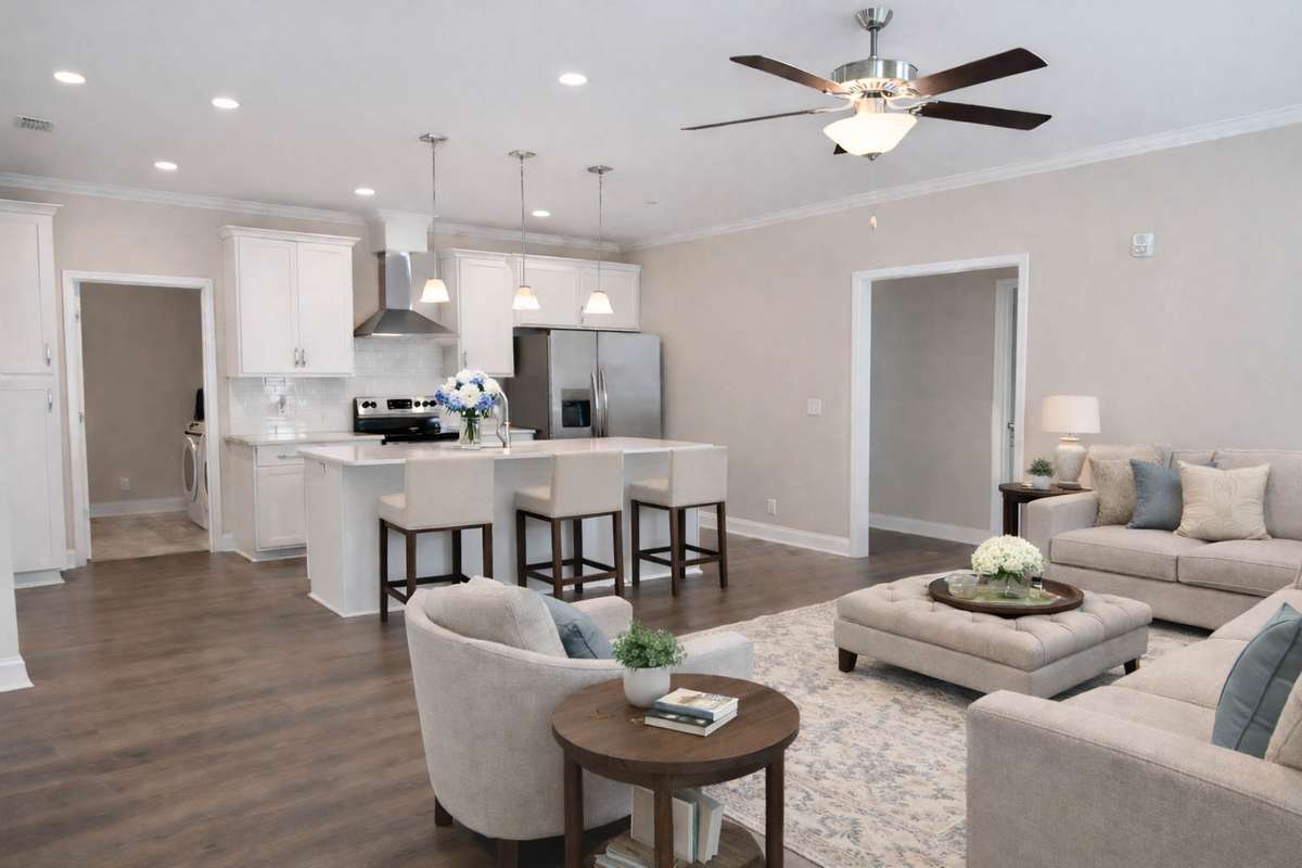 This spacious condo features an open-concept with a large 16'x9' luxury kitchen, quartz countertops, and stainless steel appliances, perfect for entertaining. Complemented by an illustrated visual use of the space.