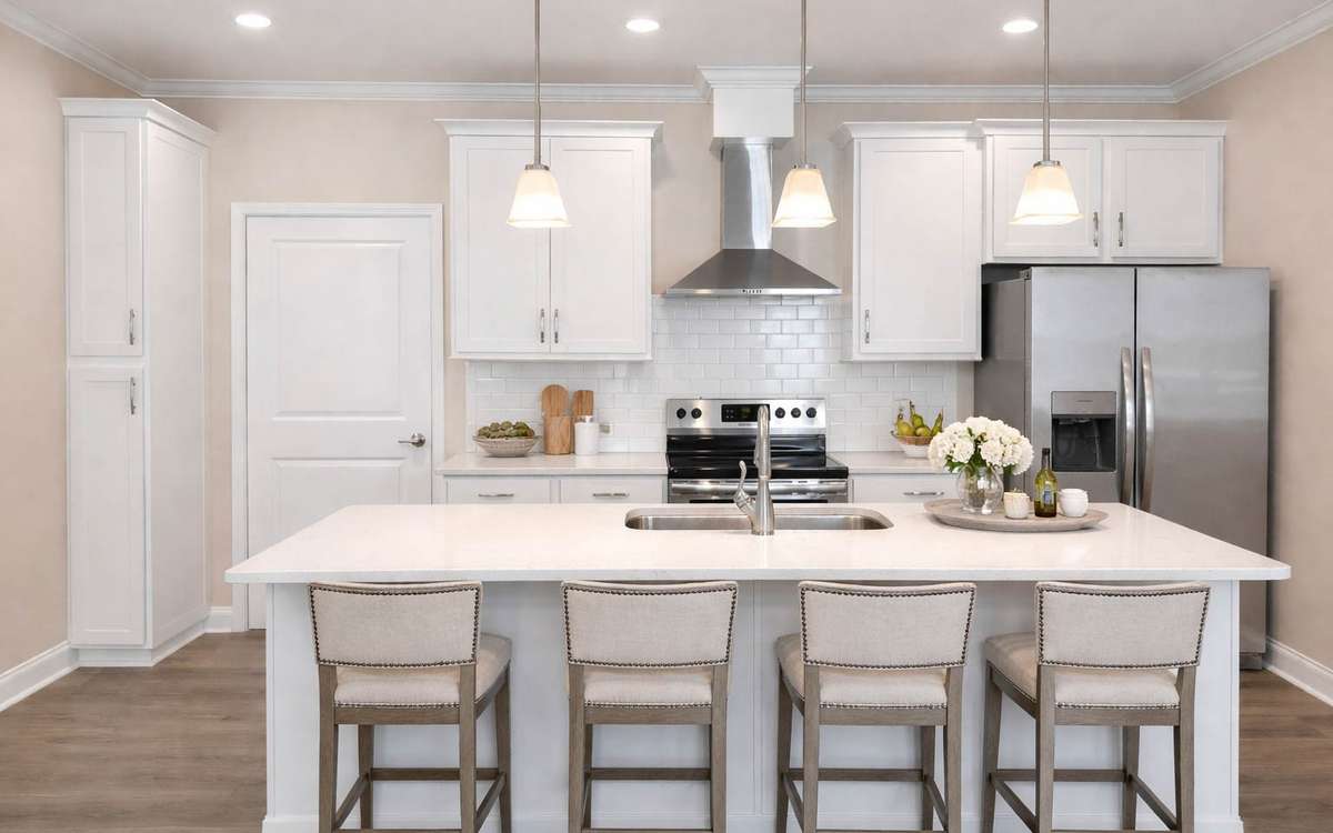 A modern kitchen that flows seamlessly into the living room, a perfect place to gather. Complemented by an illustrated visual use of the space.