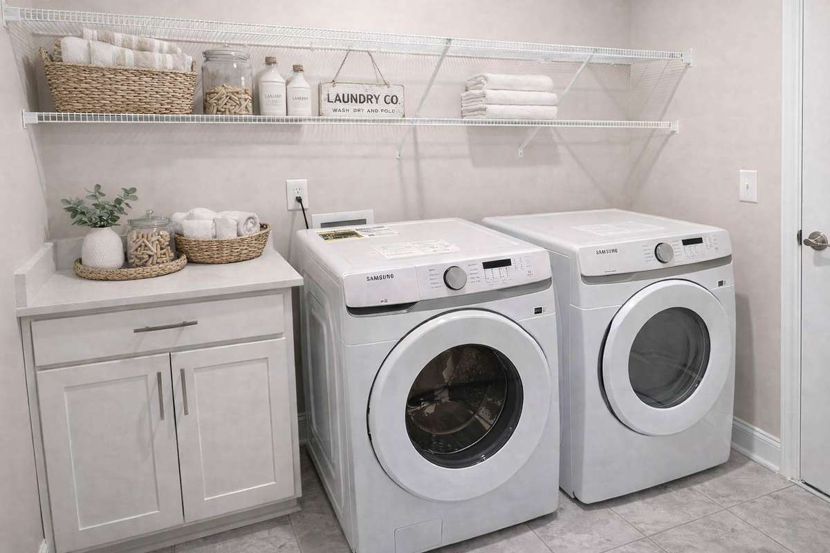 Large 7'x10' laundry room with brand new washer & dryer, built-in folding & storage cabinet, high durability tile flooring.