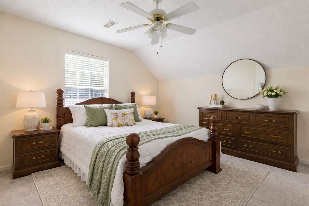 Primary Bedroom and Bathroom privately situated on the second level with extra closet and walk-in attic storage. (Virtually staged.)