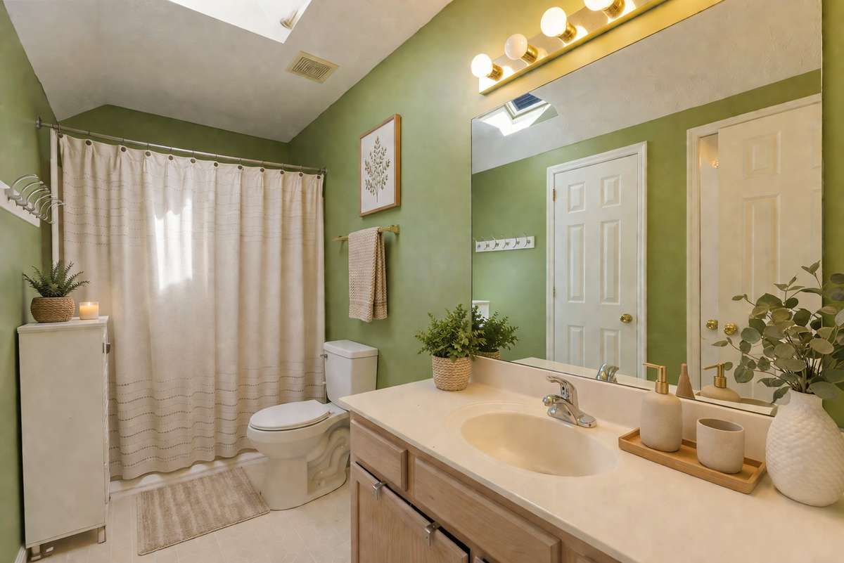 Primary bathroom with skylight brings natural light into this space. Extra size bathroom countertops and shower/tub combo. Walk-in attic storage.