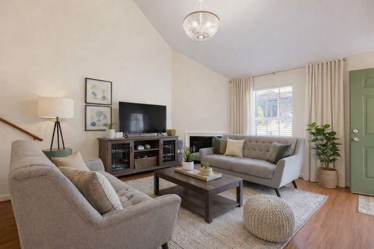 Vauled ceilings, new light fixtures, and new carpets. (Virtually staged.)