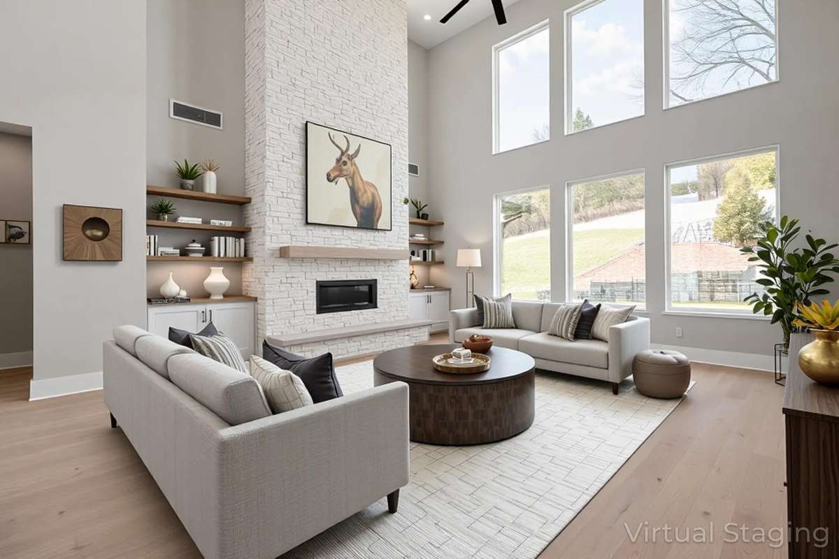 Expansive modern open floor plan, with volume ceilings, large windows and stunning finishes. Actual Home — Virtually Staged for Inspiration & to Showcase How Space Can Be Used
